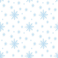 Seamless pattern with blue snowflakes, hand drawn on a white background