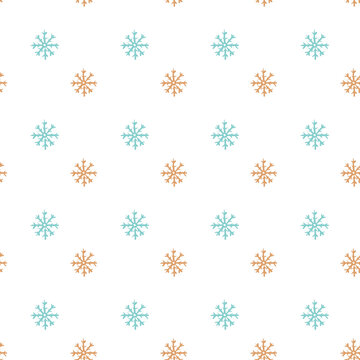 Seamless pattern with blue and orange snowflakes, hand drawn on a white background