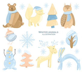 Collection of cute winter animals (bear, fox, owl, deer, rabbit, bird), Christmas caracters, hand drawn isolated on a white background
