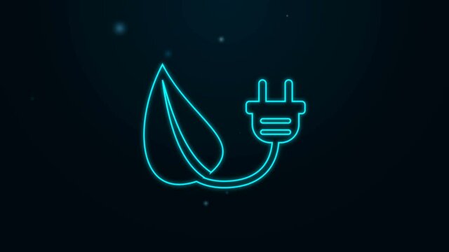Glowing neon line Electric saving plug in leaf icon isolated on black background. Save energy electricity icon. Environmental protection icon. Bio energy. 4K Video motion graphic animation