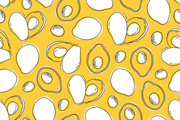 Avocado naadloos patroon. Cartoon Hand tekenen avocado vectorillustratie op geïsoleerde gele achtergrond