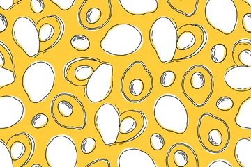 Tapeten Avocado Avocado-nahtloses Muster. Cartoon Hand zeichnen Avocado-Vektor-Illustration auf isolierten gelben Hintergrund