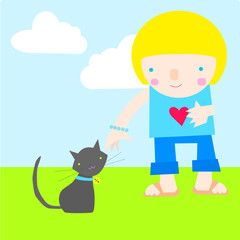 Girl standing besides a cat