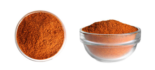 Red pepper powder in bowl on white background, top and side views