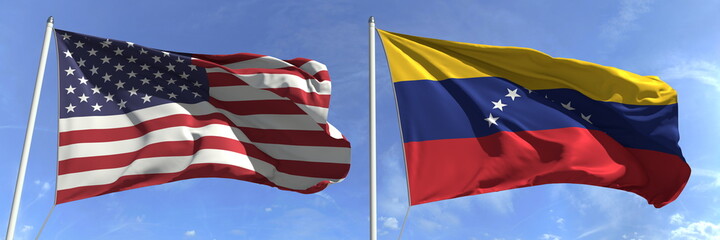 Fototapeta na wymiar Waving flags of the USA and Venezuela on flagpoles, 3d rendering