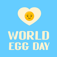 World Egg Day hand lettering with cute cartoon character. Funny typography poster. Vector template for banner, flyer, sticker, shirt, greeting card, postcard, logo design, etc