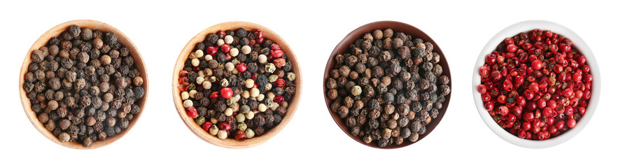 Set of different peppercorns in bowls on white background, top view. Banner design