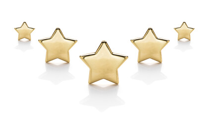 Five gold stars on a white background with reflection