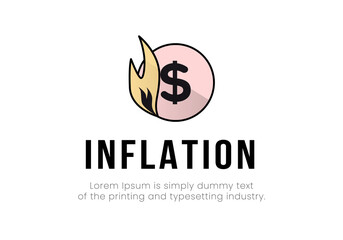 Finance. Vector illustration logo inflation. There is a fire on the dollar coin, inflation is under it.