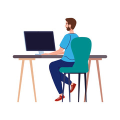 Man cartoon with computer at desk working design of Work from home theme Vector illustration