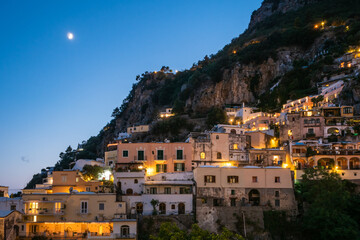 Fototapeta na wymiar Positano Houses in the Evening Illuminated