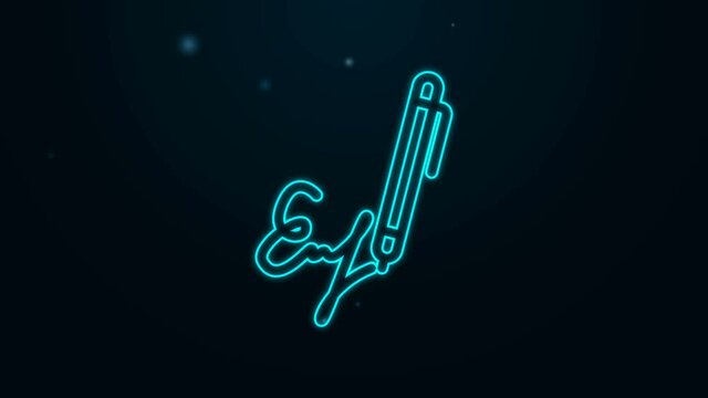 Glowing neon line Signature line icon isolated on black background. Pen and undersign, underwrite, ratify symbol. 4K Video motion graphic animation