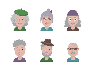 Cartoon characters of old people with different hair accessories and hairstyles. Senior men and women portraits with hat, glasses, beret etc. Flat style, vector illustration for avatar