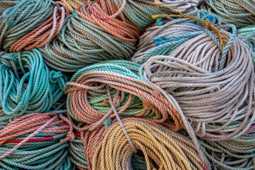 Colorful lobster trap rope in front of a lobster house