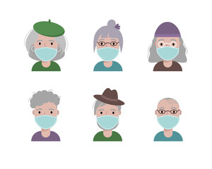 Cartoon characters of old people wearing protective medical face masks with different hair accessories and hairstyles. Old men and women portraits. Flat style, vector illustration for avatar