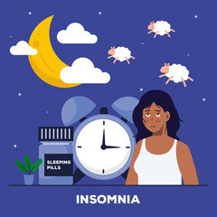 woman with insomnia clock moon and sheeps design, sleep and night theme Vector illustration