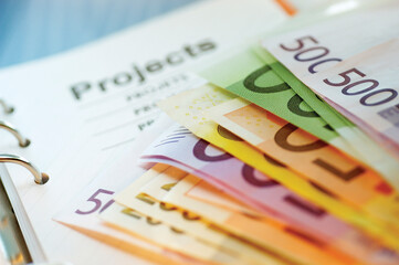 Close-up of assorted Euro banknotes