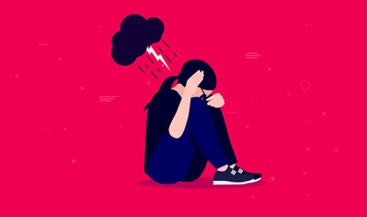 Depressed woman - Female person sitting on floor with dark cloud over head, and hand in front of face. Depression, sadness and mental health problem concept. Vector illustration.