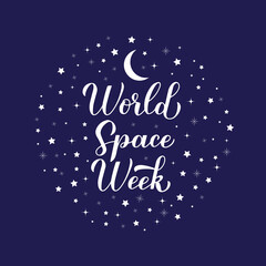 Fototapeta na wymiar World Space Week calligraphy hand lettering. Annual holiday celebrated from 4 to 10 October. Vector template for typography poster, banner, flyer, etc