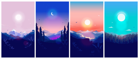 Vertical nature landscape set - Collection of beautiful backgrounds in mobile format of landscapes with moon, sun, mountains, day, night, sky and forest. Wallpaper, vector illustrations.