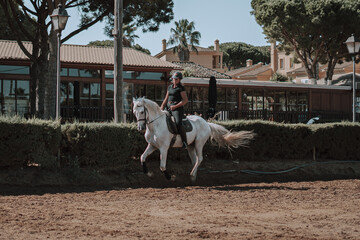 Caballo español en una hipica en andalucia con su Jinete Amazona montandolo con sus riendas y saltando en una pista 