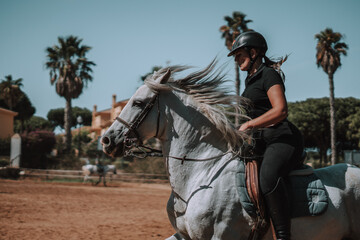 Obraz premium Caballo español en una hipica en andalucia con su Jinete Amazona montandolo con sus riendas y saltando en una pista 