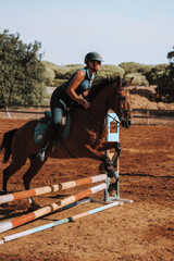 Caballo español en una hipica en andalucia con su Jinete Amazona montandolo con sus riendas y...