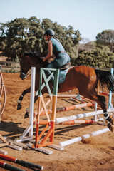 Caballo español en una hipica en andalucia con su Jinete Amazona montandolo con sus riendas y...