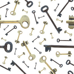 Seamless pattern old rare keys on white.