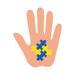 down syndrome puzzles in hand flat style icon design, disability support and solidarity theme Vector illustration