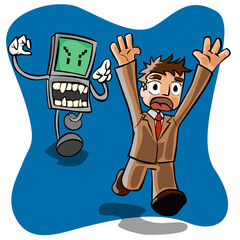 Monster laptop running after a man