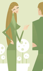 Businesswoman with her hand on her hip talking to her friend