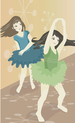 High angle view of two ballerinas dancing on stage