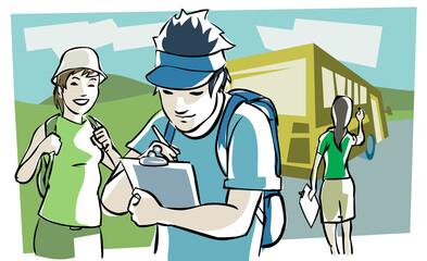 Three students standing near a bus