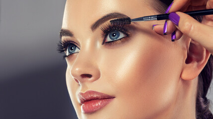 Makeup artist applies  mascara on the eyelashes  . Beautiful woman face. Hand of visagiste,...
