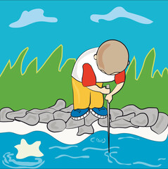 Boy fishing in a river