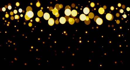Fototapeta na wymiar Golden lights on black background, festive Christmas confetti