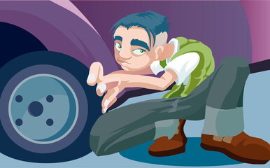 Close-up of a man holding the tire of a car