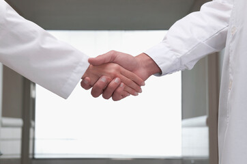 Two doctors shaking hands in a hospital