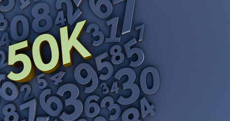 golden 50K, 50000 on a Black numbers background. 3D render. 50k
