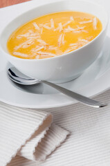 High angle view of a bowl of pumpkin soup