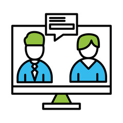 coworkers men in computer with bubble line and colors style icon design, Coworking teamwork and strategy theme Vector illustration