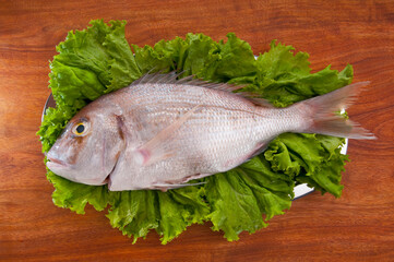High angle view of a whole raw fish on a cutting board