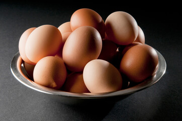 Close-up of a bowl of brown eggs