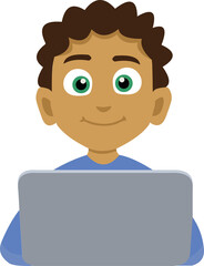 Vector emoticon illustration of a man working with a laptop