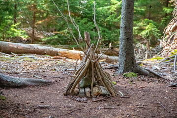 Little elf tepee made of sticks in the middle of the forest