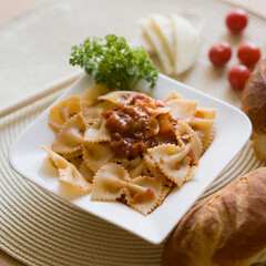 Close-up of a plate of bow tie pasta