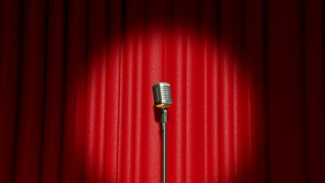 A vintage microphone on the stage. Old classic mic in the theatre. Show.Closeup