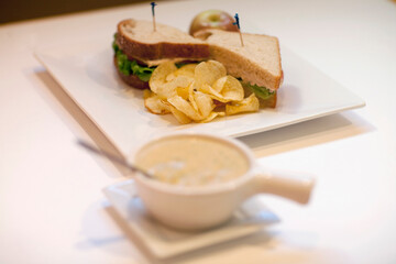 High angle view of sandwiches and soup