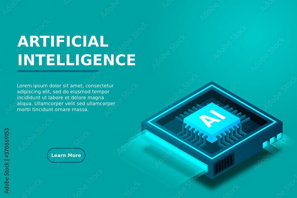 Poster artificial intelligence icon ai, chip brain, quantum computing, cpu, isometric cloud computing conce